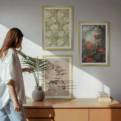 Juego de 3 cuadros con diseño de flores y pájaros en la naturaleza