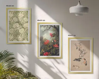 Juego de 3 cuadros con diseño de flores y pájaros en la naturaleza