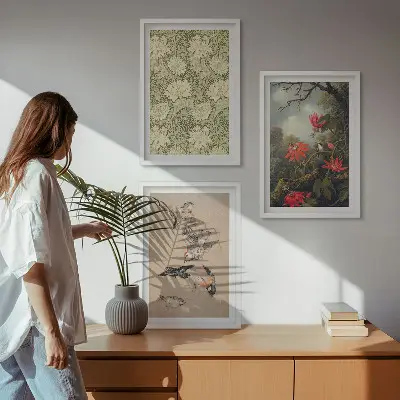 Juego de 3 cuadros con diseño de flores y pájaros en la naturaleza