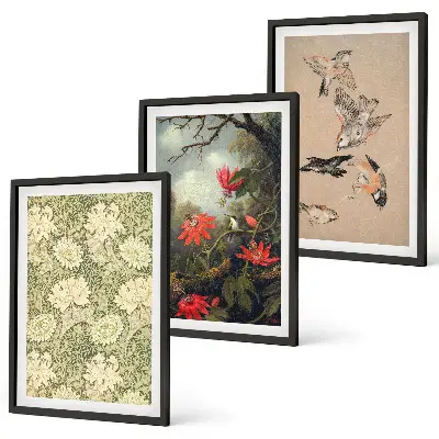 Juego de 3 cuadros con diseño de flores y pájaros en la naturaleza