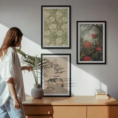 Juego de 3 cuadros con diseño de flores y pájaros en la naturaleza