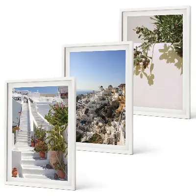 Set de 3 cuadros decorativos para salón con diseño de escaleras blancas y vistas a Santorini