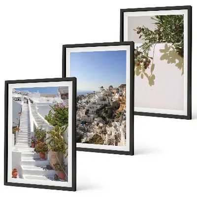 Set de 3 cuadros decorativos para salón con diseño de escaleras blancas y vistas a Santorini