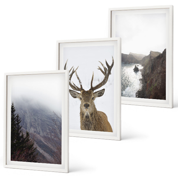 Set de 3 cuadros para salón Paisaje montañoso con ciervos