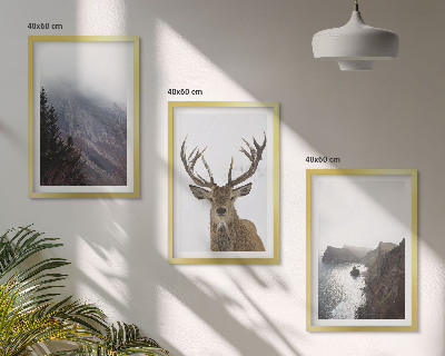 Set de 3 cuadros para salón Paisaje montañoso con ciervos