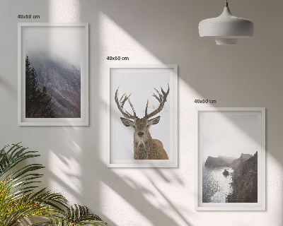Set de 3 cuadros para salón Paisaje montañoso con ciervos
