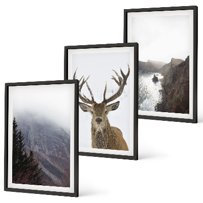 Set de 3 cuadros para salón Paisaje montañoso con ciervos