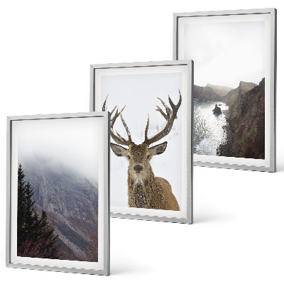 Set de 3 cuadros para salón Paisaje montañoso con ciervos