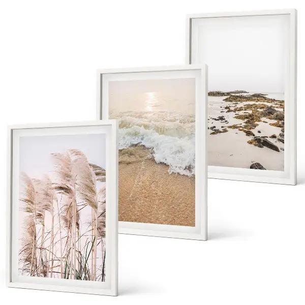 Set de 3 cuadros para salón con diseño boho de hierba de playa, olas y piedras