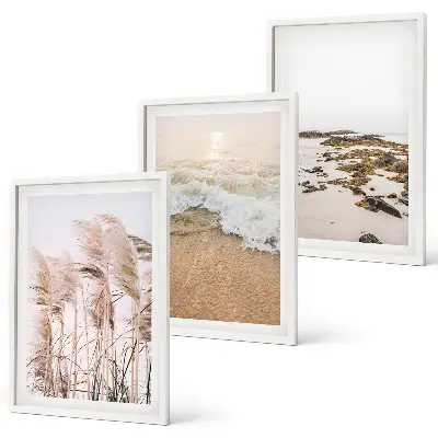 Set de 3 cuadros para salón con diseño boho de hierba de playa, olas y piedras