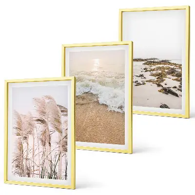 Set de 3 cuadros para salón con diseño boho de hierba de playa, olas y piedras