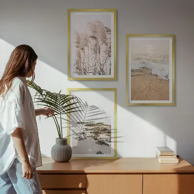 Set de 3 cuadros para salón con diseño boho de hierba de playa, olas y piedras