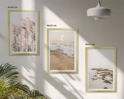 Set de 3 cuadros para salón con diseño boho de hierba de playa, olas y piedras