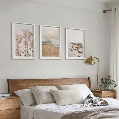 Set de 3 cuadros para salón con diseño boho de hierba de playa, olas y piedras