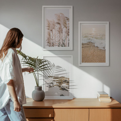 Set de 3 cuadros para salón Hierba de playa olas piedras boho