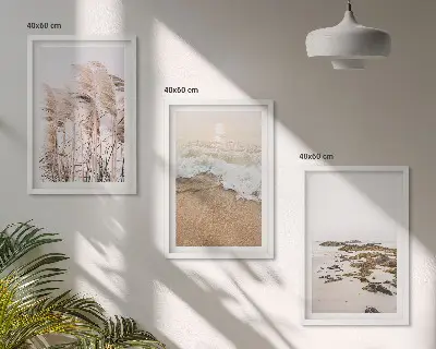 Set de 3 cuadros para salón con diseño boho de hierba de playa, olas y piedras