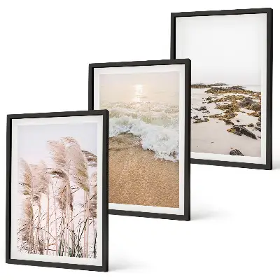 Set de 3 cuadros para salón con diseño boho de hierba de playa, olas y piedras