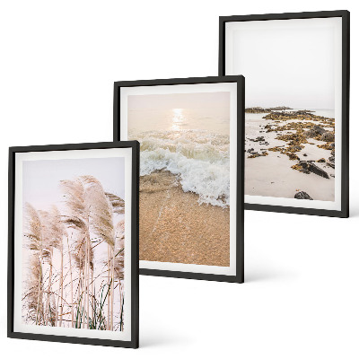 Set de 3 cuadros para salón Hierba de playa olas piedras boho