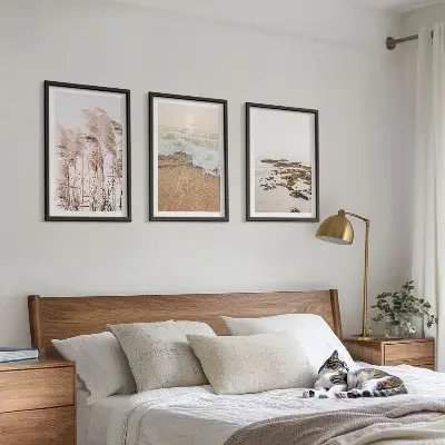 Set de 3 cuadros para salón con diseño boho de hierba de playa, olas y piedras