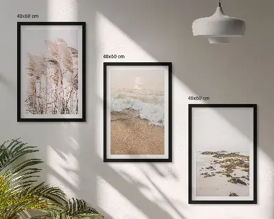 Set de 3 cuadros para salón con diseño boho de hierba de playa, olas y piedras