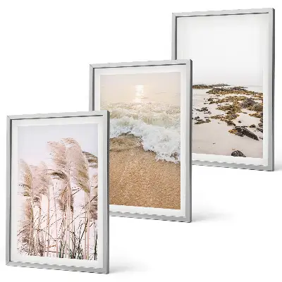 Set de 3 cuadros para salón con diseño boho de hierba de playa, olas y piedras