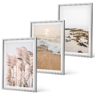 Set de 3 cuadros para salón Hierba de playa olas piedras boho