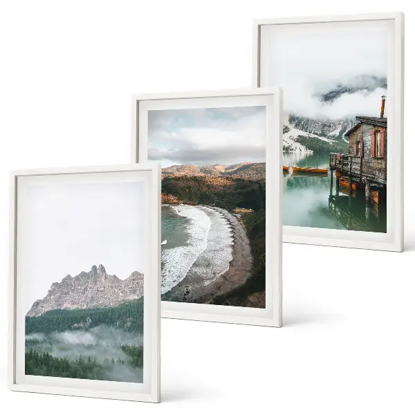 Juego de 3 cuadros decorativos con imagen de casa de madera en playa de montaña