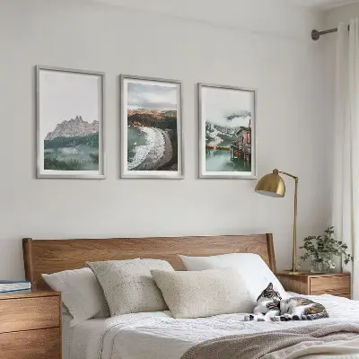 Juego de 3 cuadros decorativos con imagen de casa de madera en playa de montaña