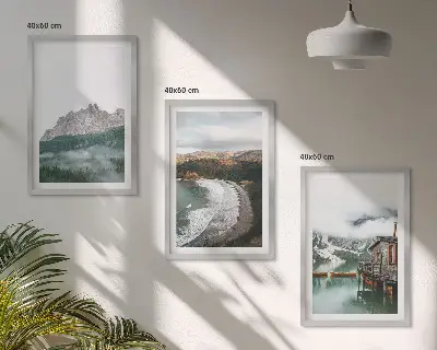 Juego de 3 cuadros decorativos con imagen de casa de madera en playa de montaña