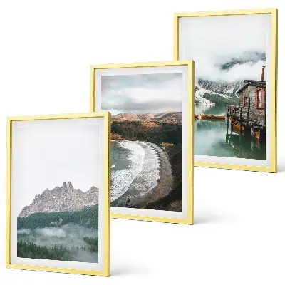 Juego de 3 cuadros decorativos con imagen de casa de madera en playa de montaña