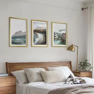 Juego de 3 cuadros decorativos con imagen de casa de madera en playa de montaña