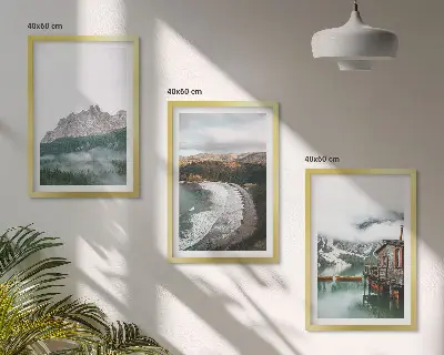 Juego de 3 cuadros decorativos con imagen de casa de madera en playa de montaña