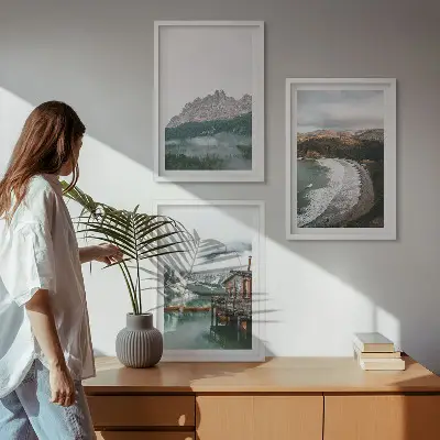 Juego de 3 cuadros decorativos con imagen de casa de madera en playa de montaña