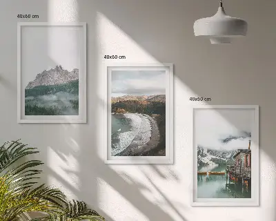 Juego de 3 cuadros decorativos con imagen de casa de madera en playa de montaña