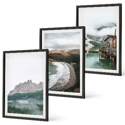 Juego de 3 cuadros decorativos con imagen de casa de madera en playa de montaña
