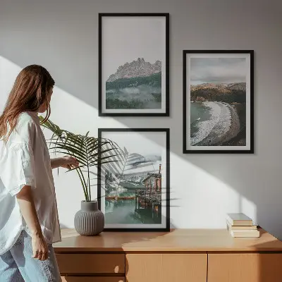 Juego de 3 cuadros decorativos con imagen de casa de madera en playa de montaña