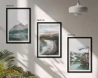 Juego de 3 cuadros decorativos con imagen de casa de madera en playa de montaña