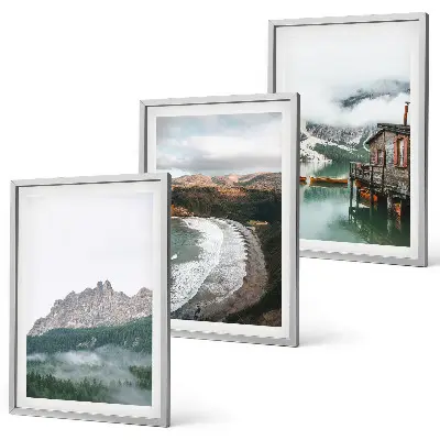 Juego de 3 cuadros decorativos con imagen de casa de madera en playa de montaña