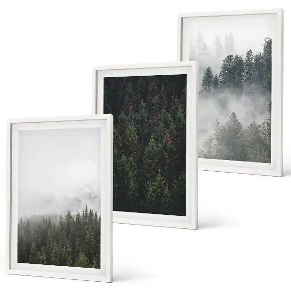 Set de 3 cuadros para salón con diseño de bosques verdes entre la niebla