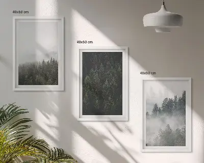 Set de 3 cuadros para salón con diseño de bosques verdes entre la niebla