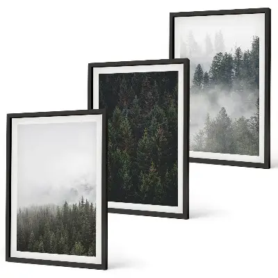 Set de 3 cuadros para salón con diseño de bosques verdes entre la niebla