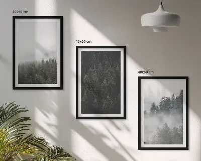 Set de 3 cuadros para salón con diseño de bosques verdes entre la niebla