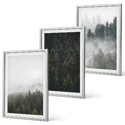 Set de 3 cuadros para salón con diseño de bosques verdes entre la niebla