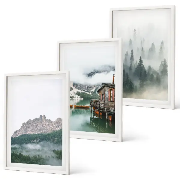 Set de 3 cuadros para salón con diseño de montañas, lago, cabaña y niebla
