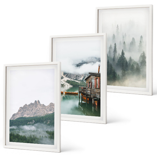 Set de 3 cuadros para salón Montañas, lago, cabaña, niebla