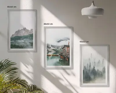Set de 3 cuadros para salón con diseño de montañas, lago, cabaña y niebla