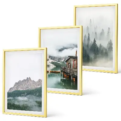 Set de 3 cuadros para salón con diseño de montañas, lago, cabaña y niebla