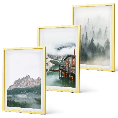 Set de 3 cuadros para salón Montañas, lago, cabaña, niebla
