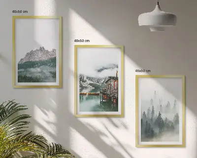 Set de 3 cuadros para salón con diseño de montañas, lago, cabaña y niebla