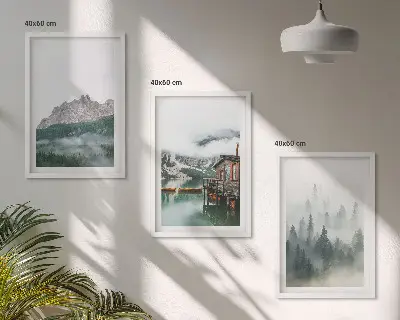 Set de 3 cuadros para salón con diseño de montañas, lago, cabaña y niebla